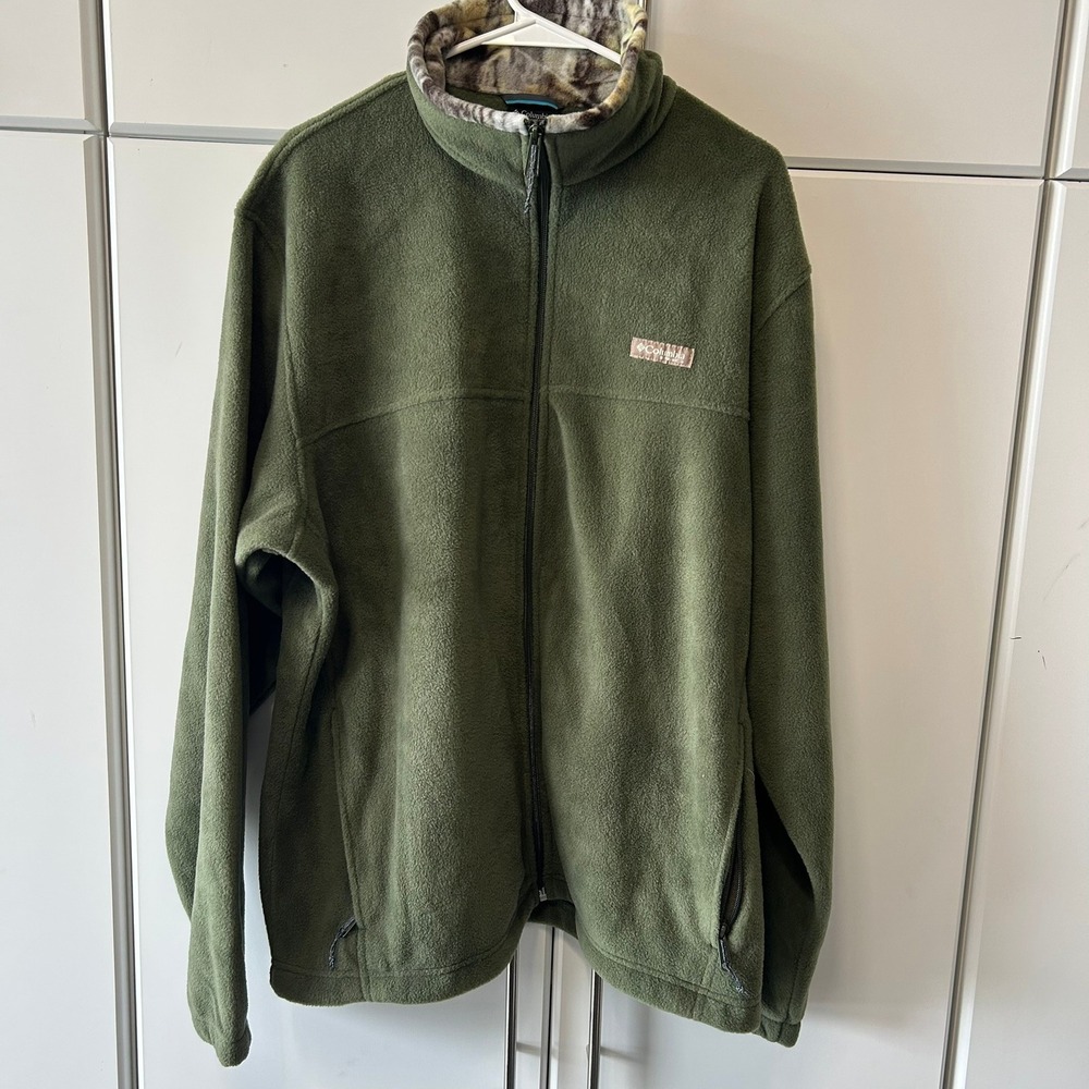 Columbia Mens XL Fleece‎ Jacket Olive Green Full Zip Camo Collar Mock Neck Soft